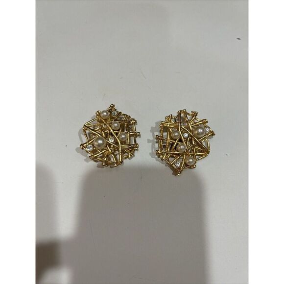 Vintage CRAFT High End Designer Crystal & Faux Pearl Big Clip on Earrings. Used. - Picture 8 of 9